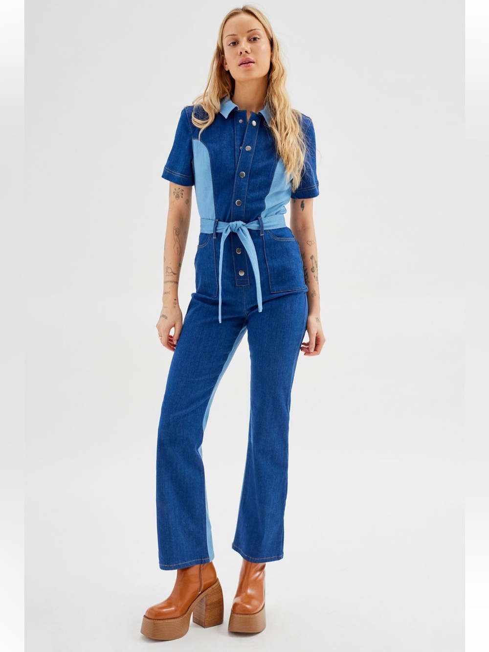 UO Isa Denim Colorblock Tie-Waist Jumpsuit